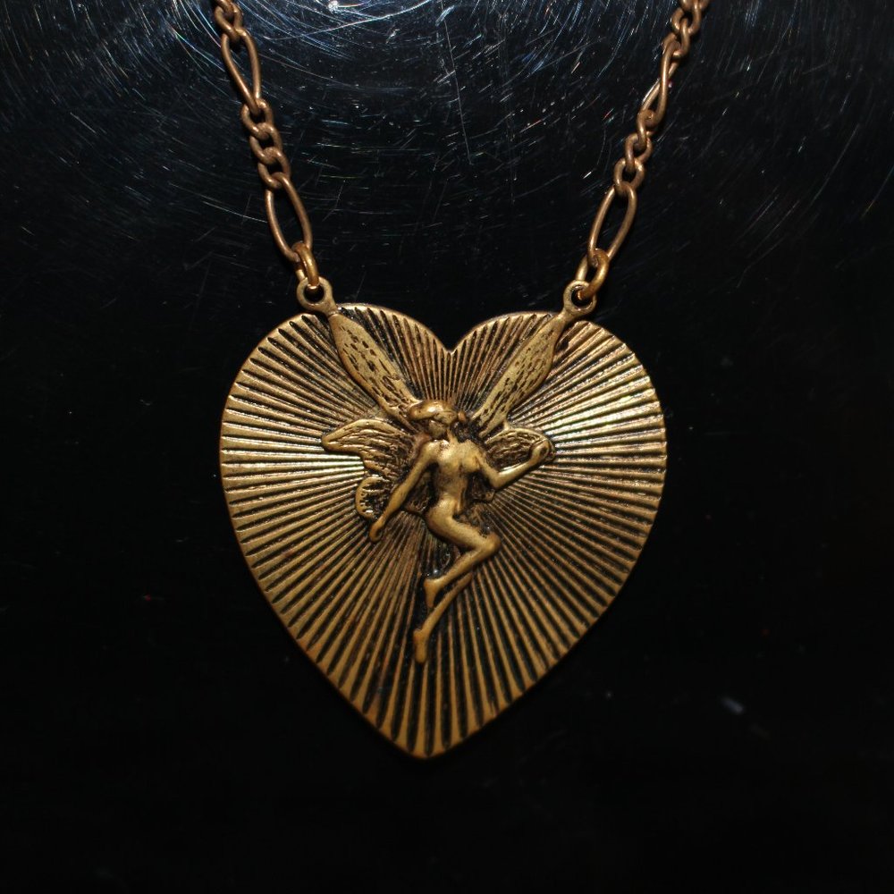 Vintage Beautiful Jools Heart Necklace Nouveau Art Lady With Wings 80s 90s